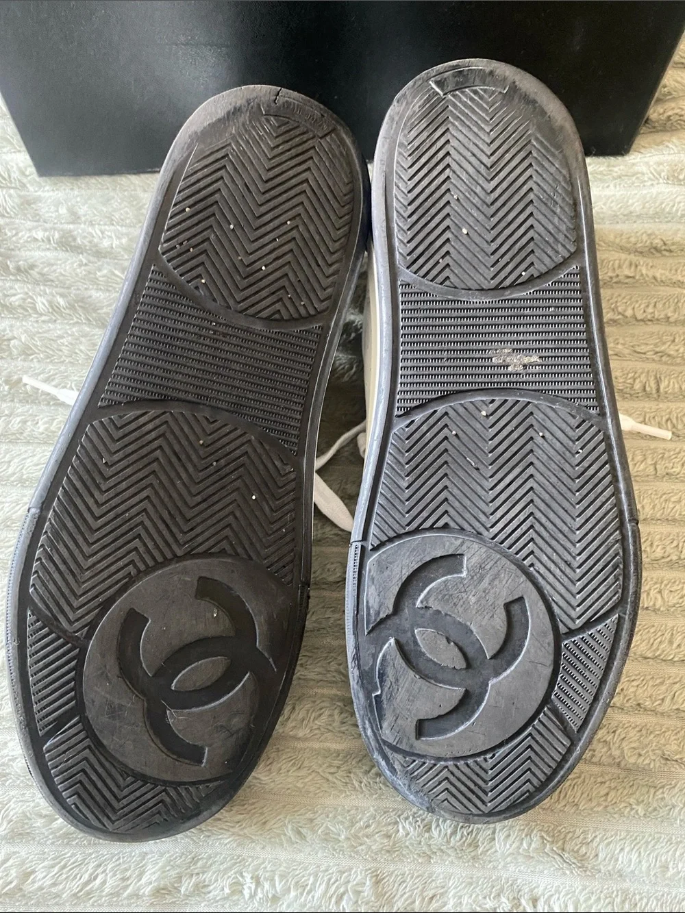 CHANEL White Leather Womens Low-Top Sneakers with Black Accents